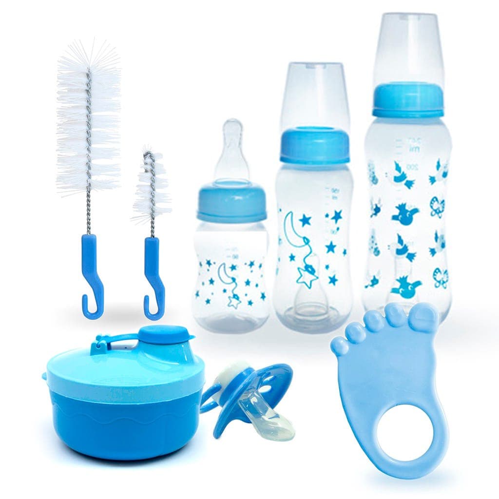 Kit Bebê Completo - Conjunto com 3 mamadeiras + Escovas para limpeza de mamadeira + Mordedor pezinho + Porta Leite + Chupeta Bico Achatado- Azul