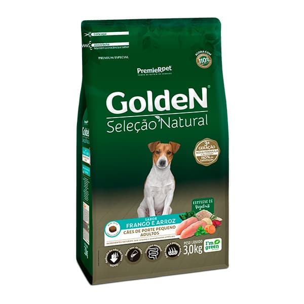 Ração Golden Seleção Natural para Cães Adultos de Pequeno Porte Sabor Frango e Arroz - 3Kg