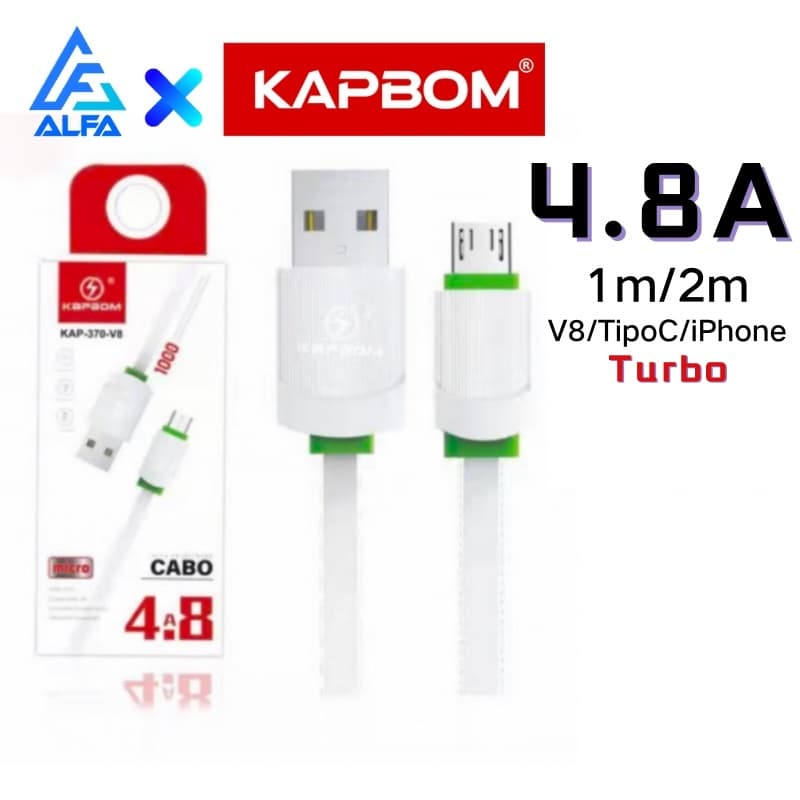 Cabo Carregador 4.8A Usb 1M/2M Celular Turbo Rápido V8/Type-C/iPhone Reforçado ORIGINAL KAPBOM