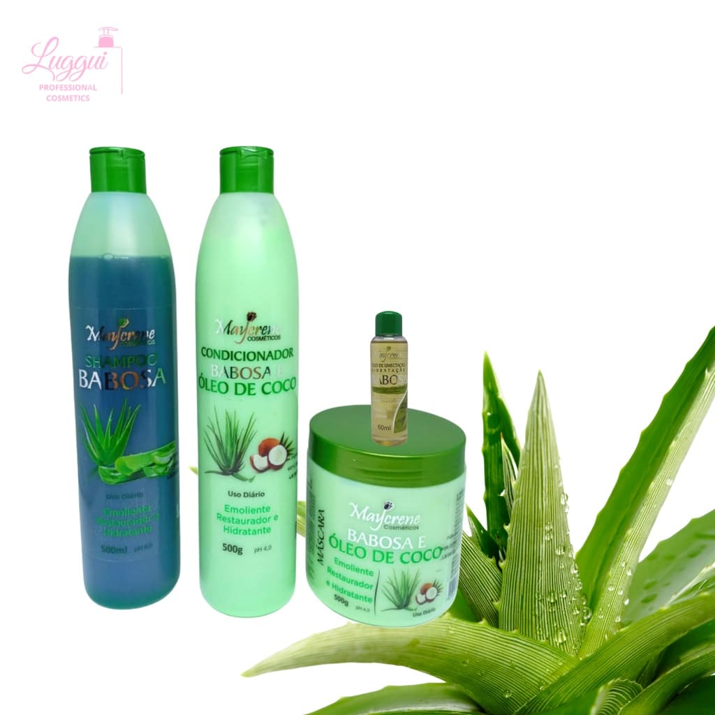 Kit Babosa e Óleo de Coco 500ml Maycrene Hidratante para Fios Secos Shampoo, Condiocionador, Máscara e Óleo Umectante De Babosa (Vegano)