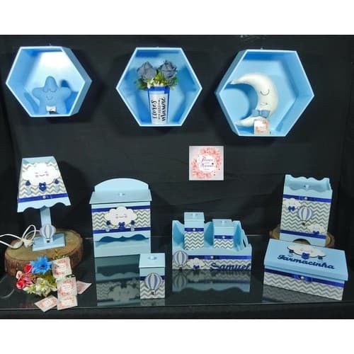 Kit Higiene Bebe 8 Pçs + 3 Nichos Colmeia Chuva Amor Azul Ch