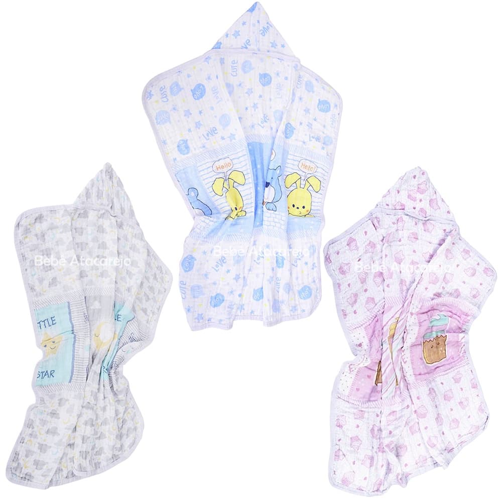 Toalha Fralda Soft 2 Camadas Com Capuz 85X85cm Bebê Recém Nascido