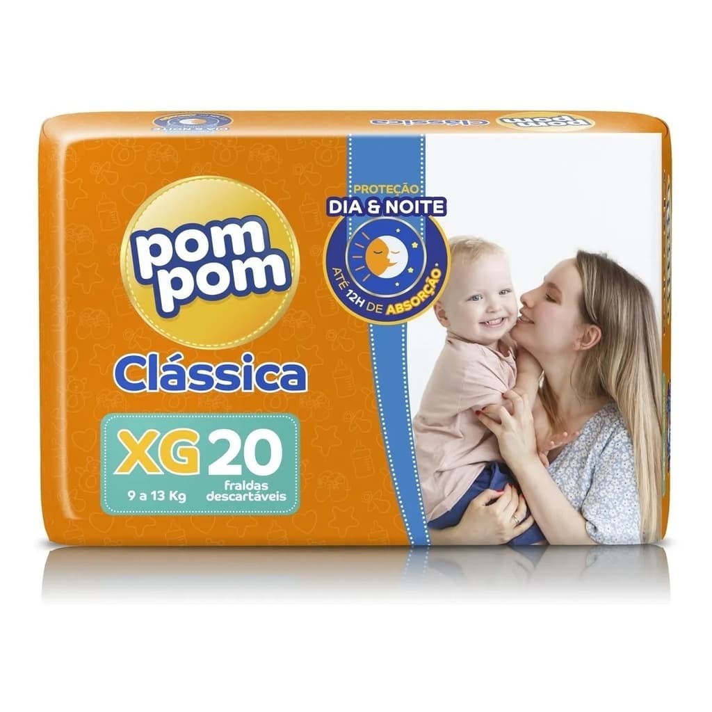 Fralda Descartável Infantil Pom Pom Clássica M Pacote 26 Unidades P, M, G, XG E XX