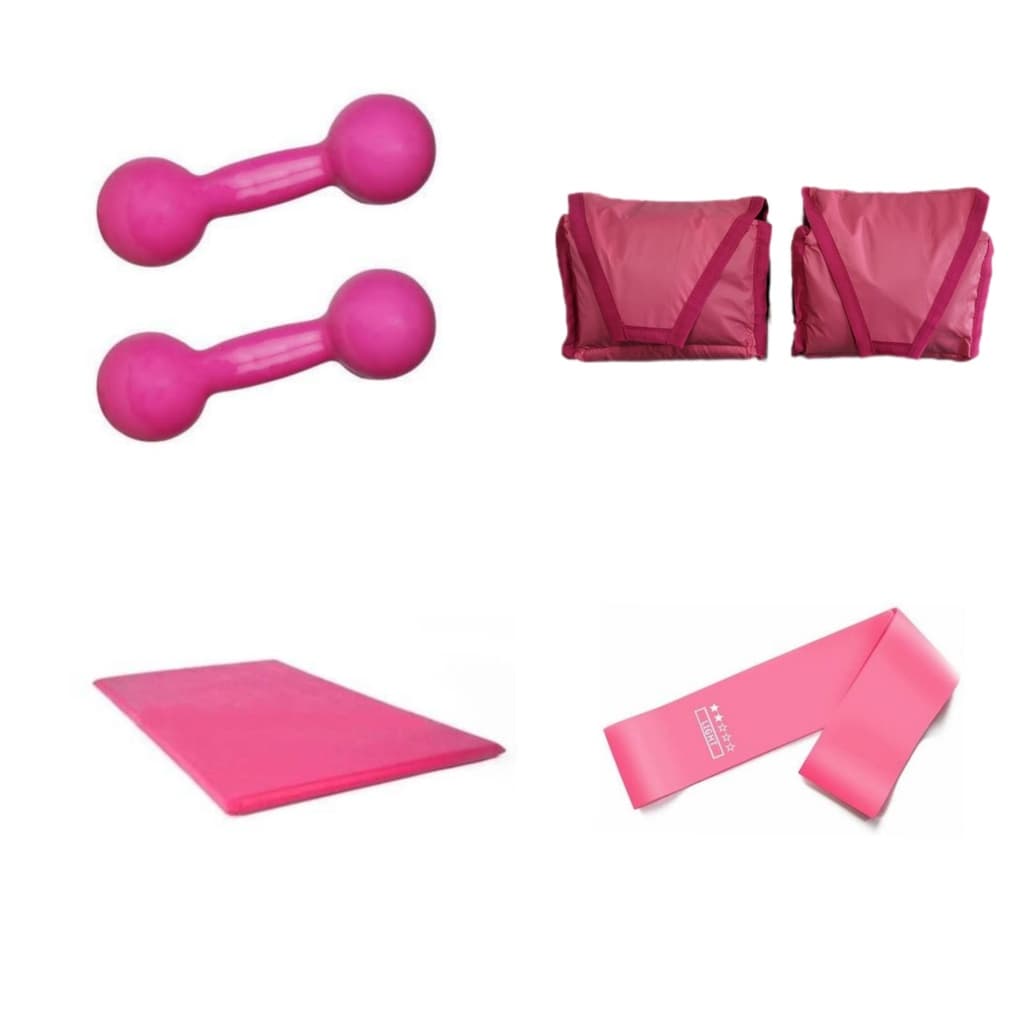 Kit Treino Aeróbico Par Halter 2 Kg Emborrachado Rosa + Par Caneleira 3 Kg Rosa + Colchonete D24 + Theraband
