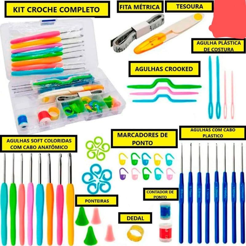 kit Crochê e Amigurumi Com 16 Agulhas Completo + Acessórios + Estojo Organizador