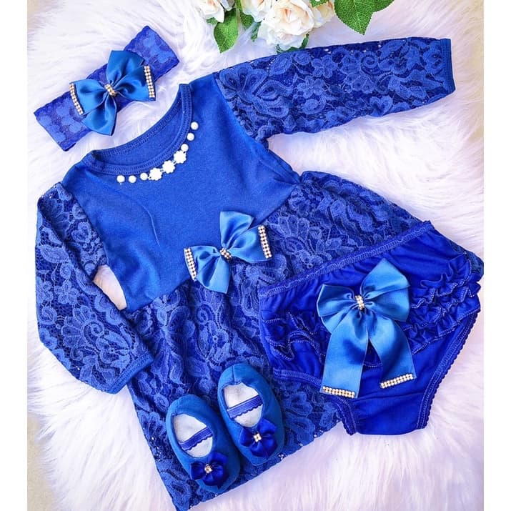 vestido manga longa  para bebê menina + laço sapatinho e calcinha tapa fralda festas