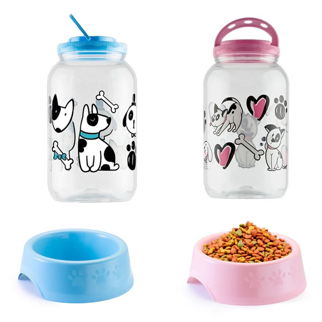 Kit Pote De Ração + Comedouro Ração Para Cachorros Gatos Pote Médio Rosa Bebe Ou Azul