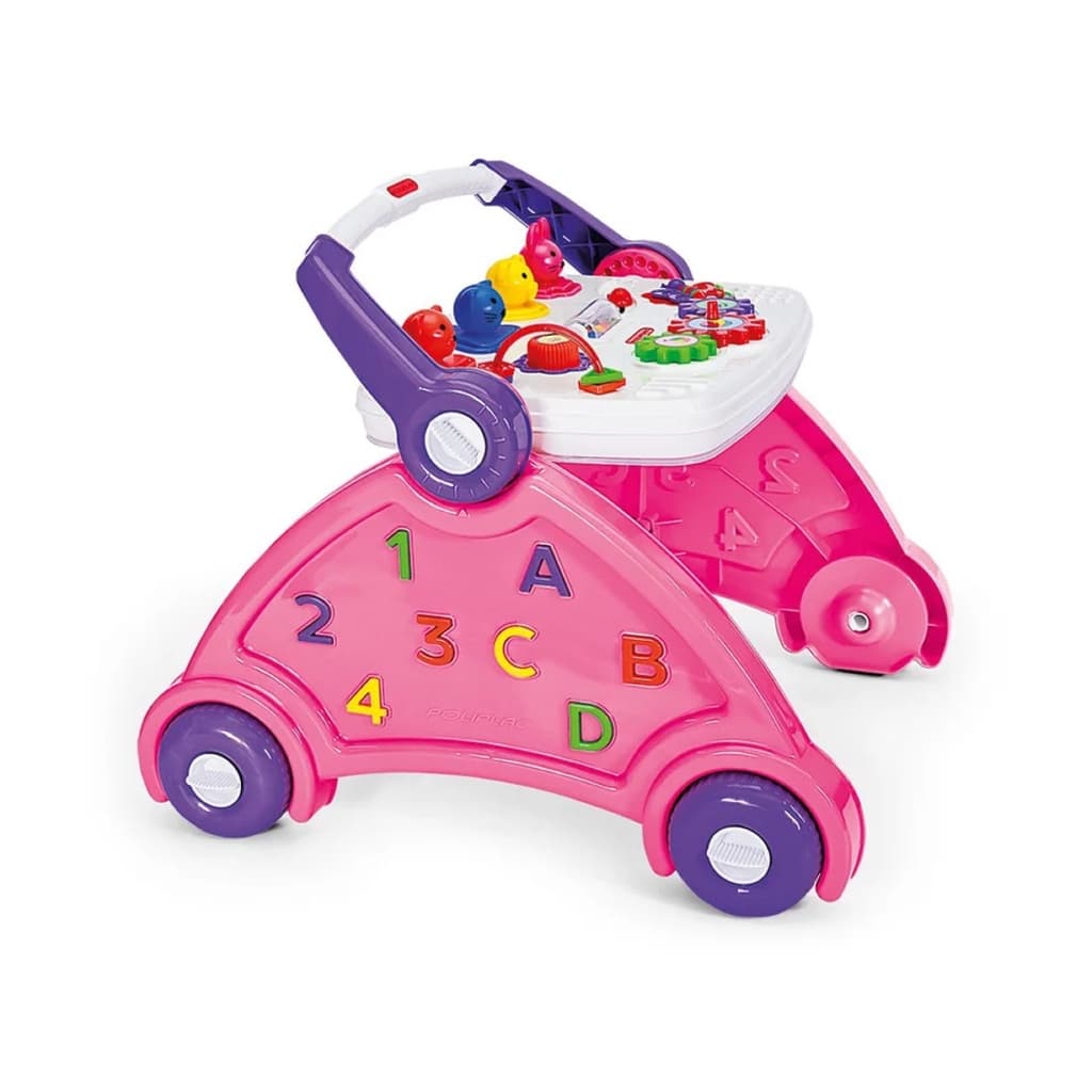 Brinquedo Andador 3x1 Bebê Baby Didático Pedagógico para Bebê Poliplac com Som dos Animais e vira Mesa de AtividadesROSA