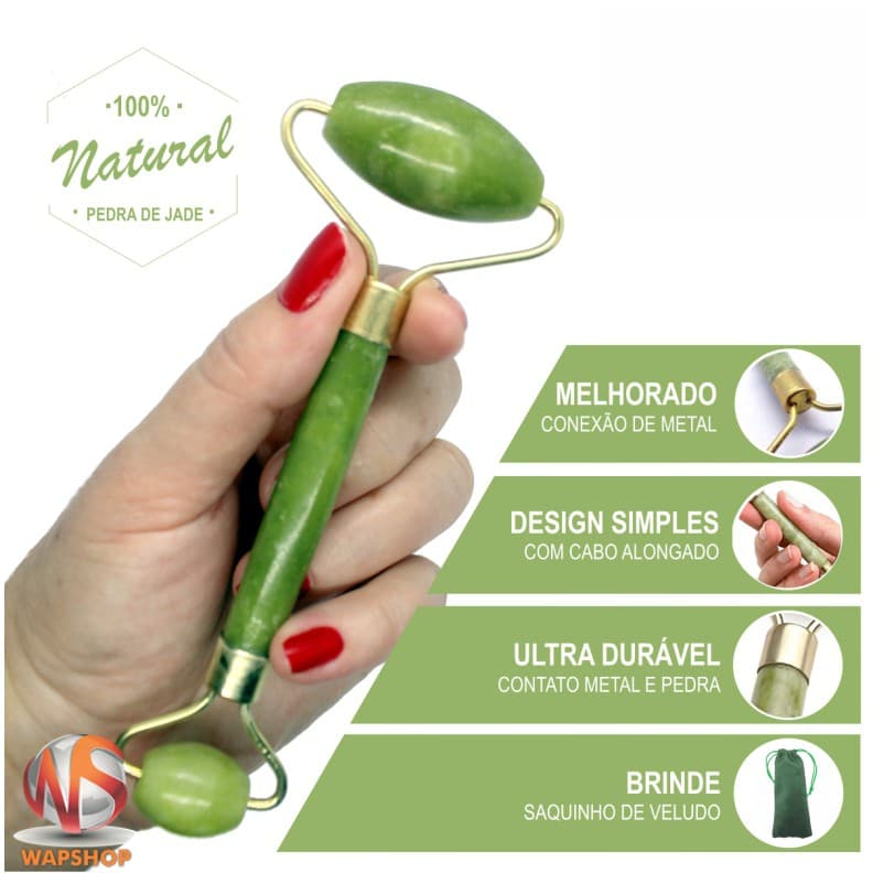 Rolo Massageador Facial de Pedra Natural de Jade Verde ou Branca Anti Idade Rugas Cuidado Facial Massagem Skincare Acompanha Saquinho de Veludo