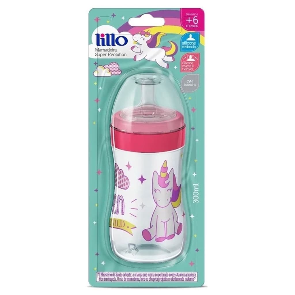 Mamadeira Bebe Menina 300ml Lillo Evolution Unicórnio Magia com Medidas