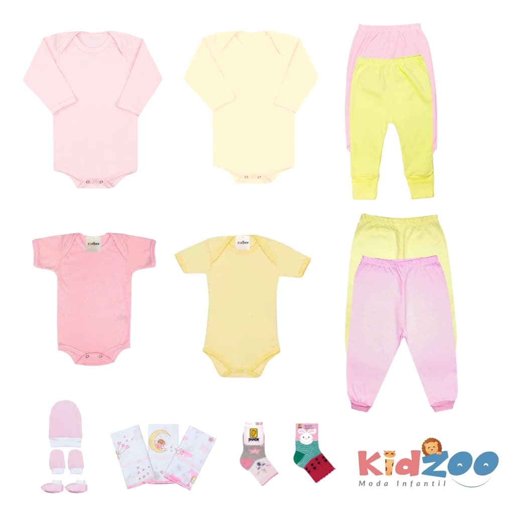 Kit Enxoval Roupa de Bebê 16 Peças - Menina- Body/Mijão Culote /Babete/Touca/Luva/Meia
