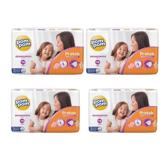 Kit 4 pacotes fralda descartável pompom derma protek jumbo grandinhos- 56 unidades