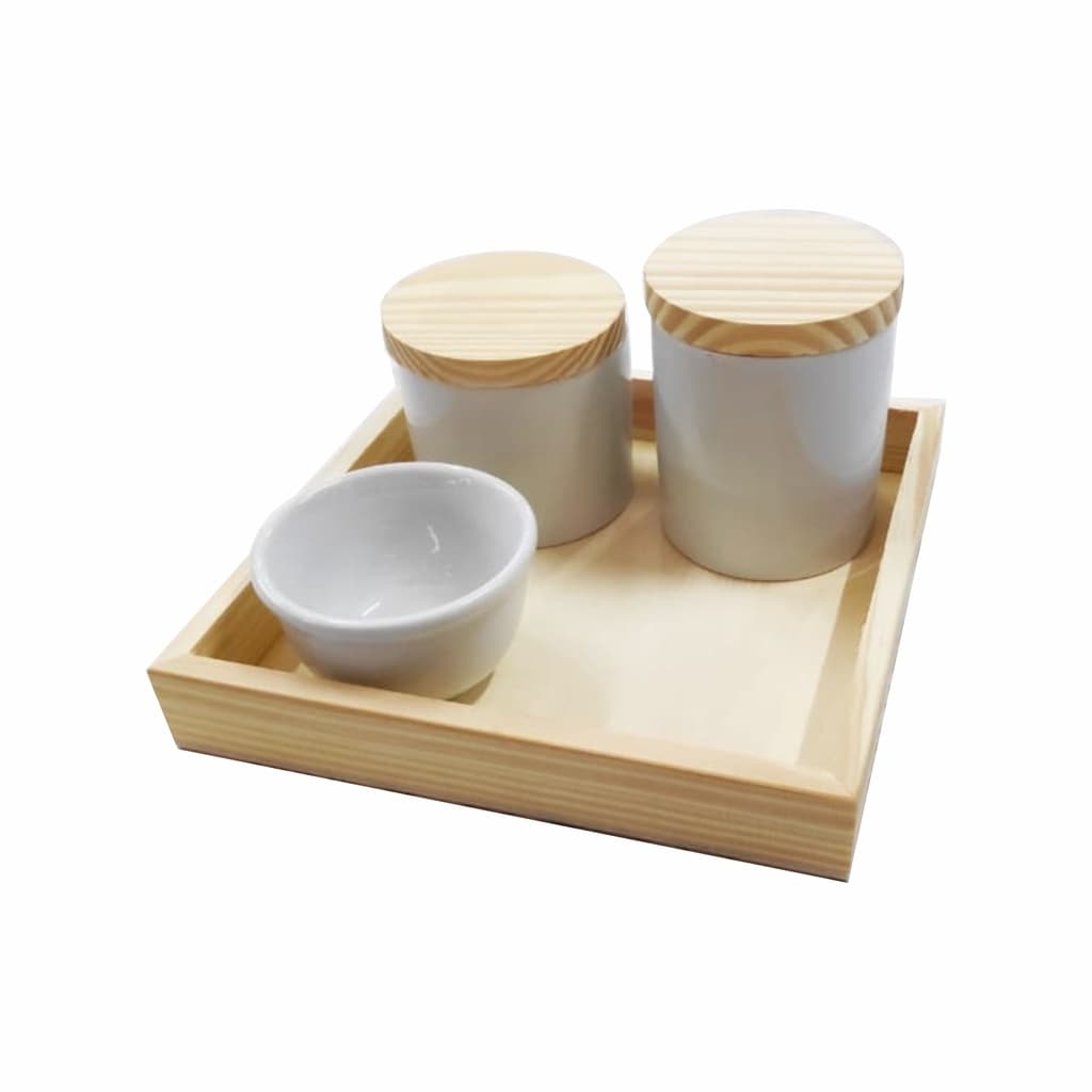 Kit de Higiene para Bebê com potes de Porcelana e Tampa E Bandeja de Madeira Pinus, kit Maternidade, Higiene Pessoal, Kit lavabo, Pote Para Banheiro, Pote Cotonete e Algodão, Lembrança Bebê, Chá de Bebê, Enxoval para Bebê Promo