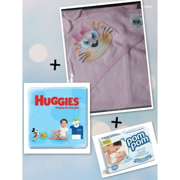 KIT chá de fralda ( Huggies + pompom) + toalha ou body/meias
