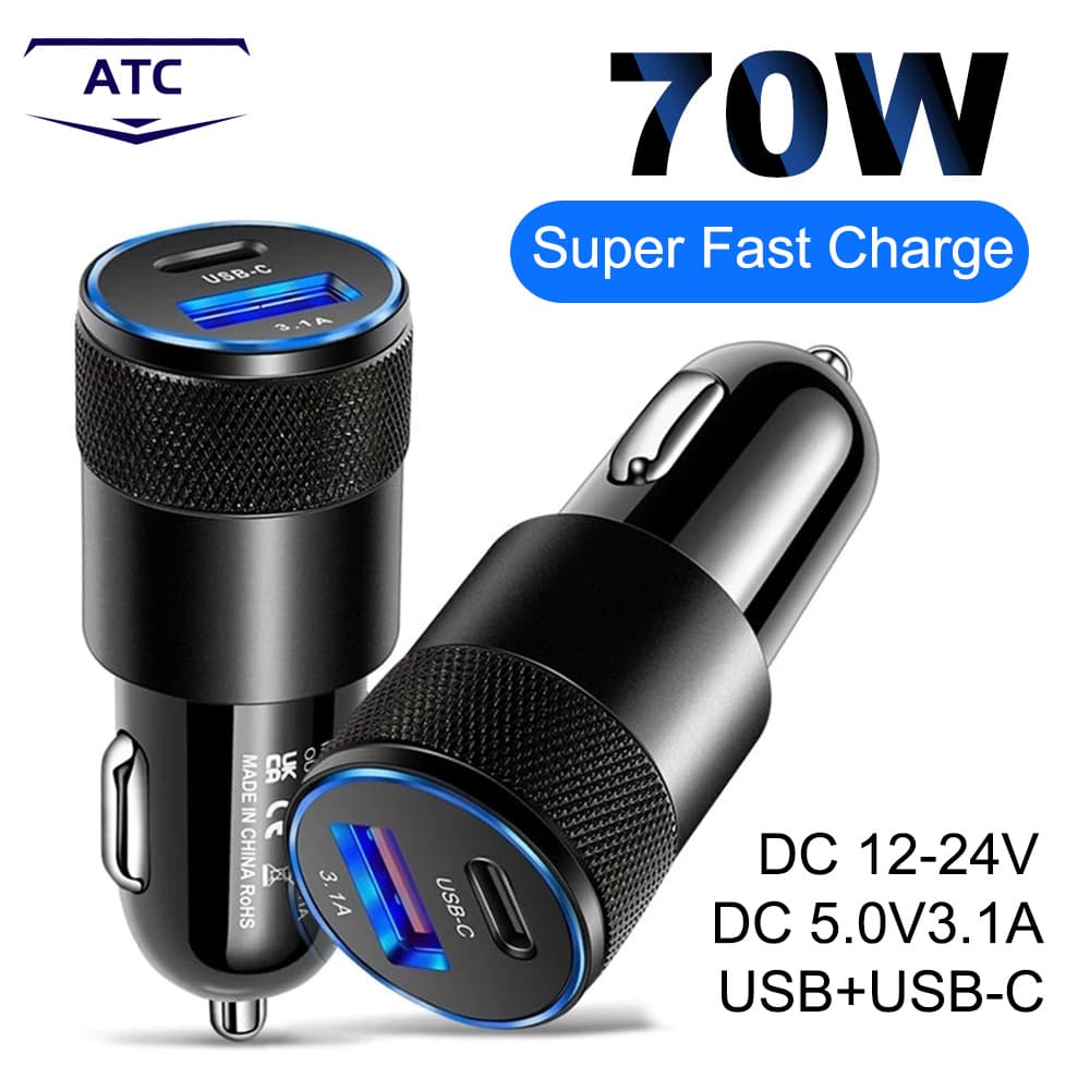 Carregador De Carro PD De 70W Tipo USB C Carregamento Rápido Adaptador De Telefone Para