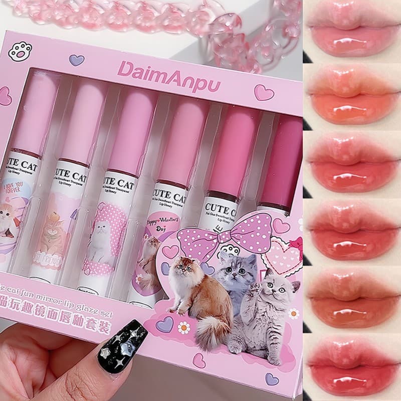 Conjunto De Brilho Labial GECOMO Cat Mirror – Perfeito Para Uso Diário E Todos Os Looks , Hidratante Aquoso , 6 Tons , P