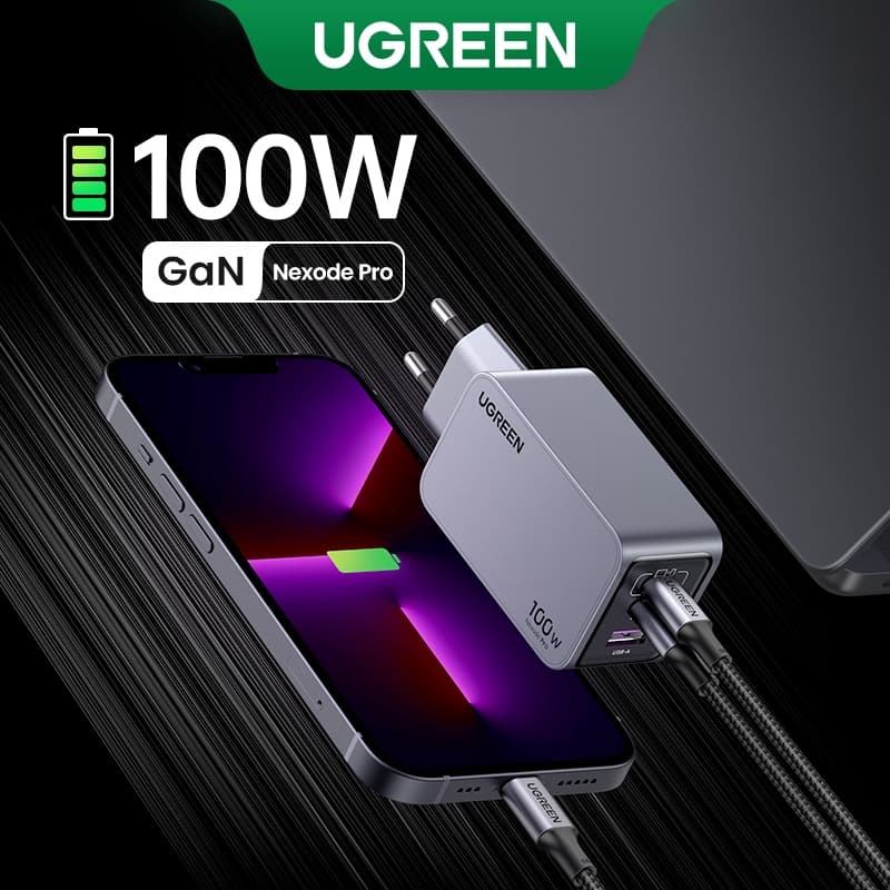 Carregador Nexode Pro 2C1A GaN UGREEN 100W , Carregamento Rápido Para iPhone Série 15-8 Macboook Air Tamanho Menor Que O