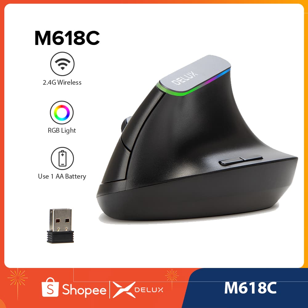 Delux M618C Botão Silent Mouse Sem Fio Ergonômico Vertical 6 Botões Para Jogos RGB Rato Óptico Ajustável 1600 DPI Com PC Laptop Black