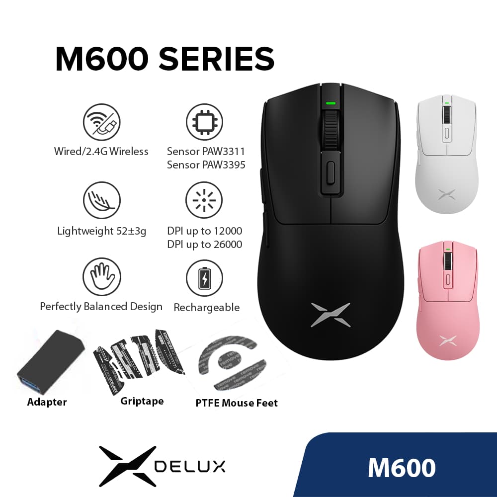 Delux Série M600 Rato De Jogos Recarregáveis Com E Sem Fio DPI MAX 26000 PAW3395 PAW3311 52g Design Superleve Centralizado Em Massa Para PC/Laptop/Windows