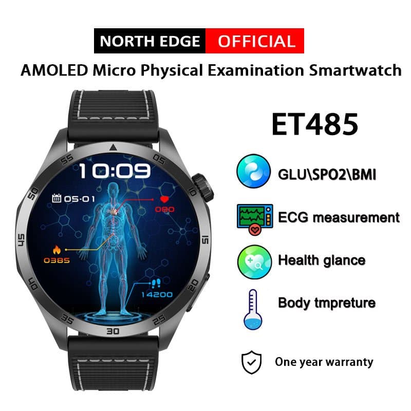 North EDGE ET485 AMOLED Full Touch Screen Relógio Inteligente ECGE Micro Body Detection Blood Sugar Monitoramento da Pressão Arterial do Sono Compatível com o Sistema IOS Android Alta Pressão Arterial IP68 à prova d'água