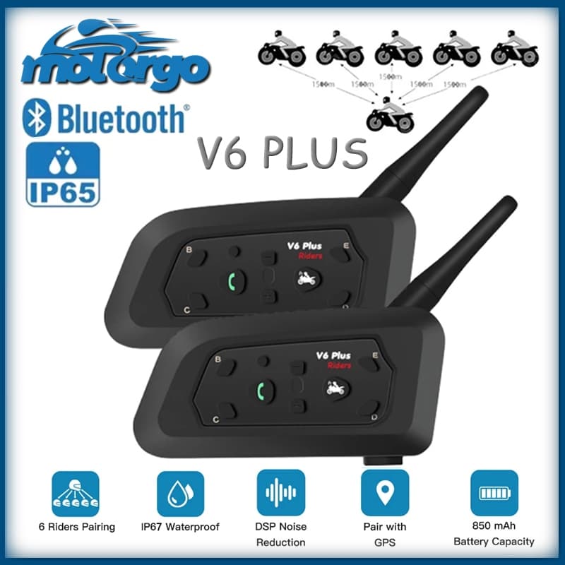 V6 Mais Fone De Ouvido Intercomunicador De Capacete De Motocicleta Bluetooth Com Interfone BT De 1200M Para 6 Pilotos À Prova D'água