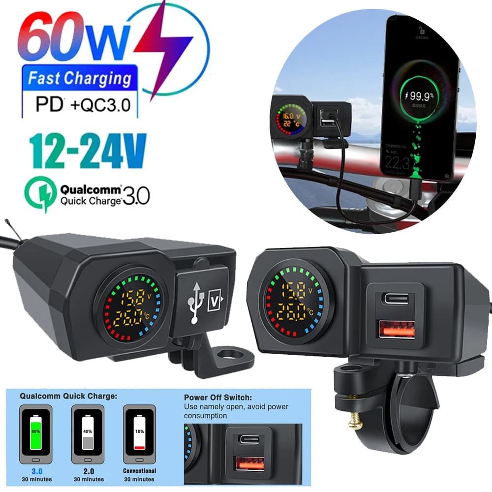 Motos 60W QC3.0 PD Tomada Para Carregador De QC3.0 USB Tipo C Carregamento Rápido Plug Voltímetro Termômetro Mostrador Digital