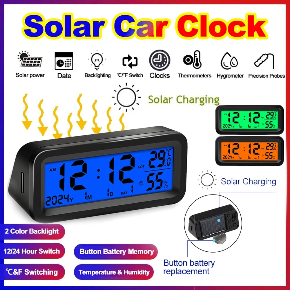 Relógio Eletrônico Solar Para Carros Termômetro De Painel Automotivo Led Digital DisplayTime Com Acessórios Luminosos Traseiro