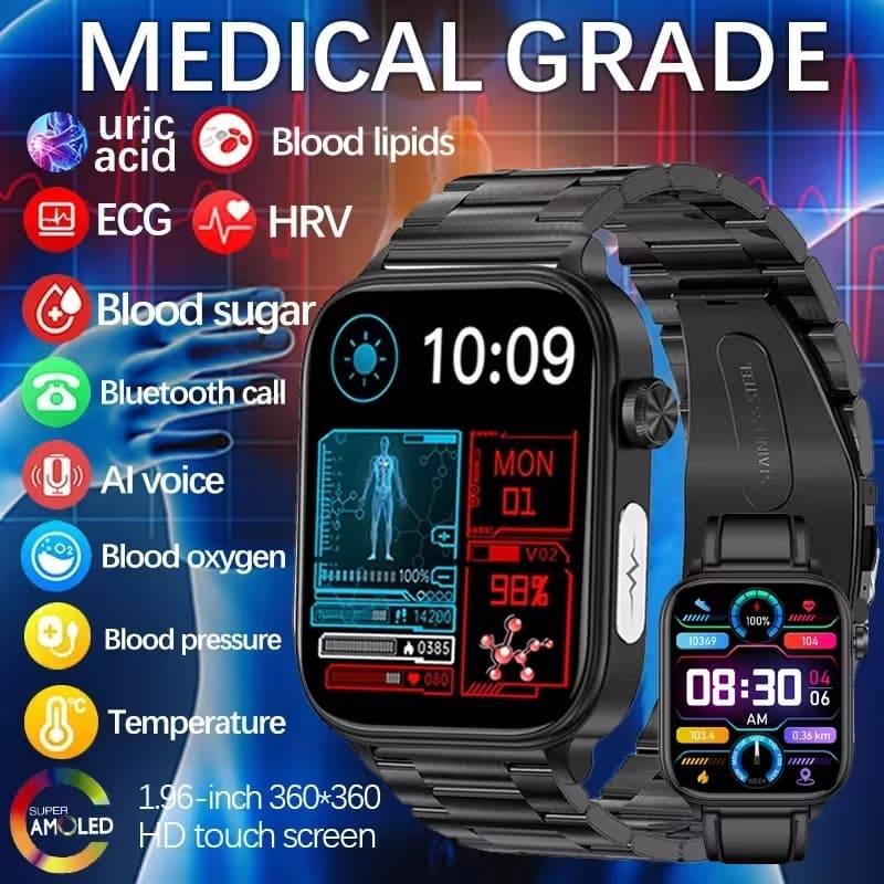 Novo ECG + PPG Grau Médico Smartwatch Relógio Inteligente Masculino Glicose No Sangue Lipídio Ácido Úrico Monitoramento 