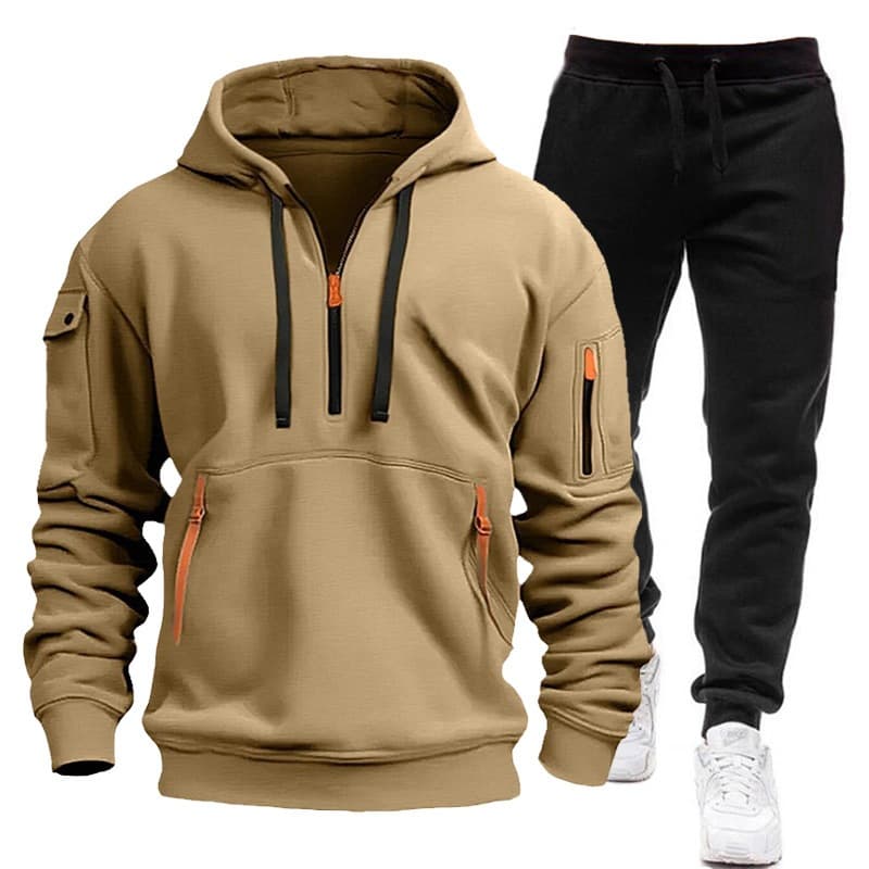 Novo estilo masculino terno outono inverno Multi-bolso zíper forro de lã com capuz + moletom conjunto de 2 peças