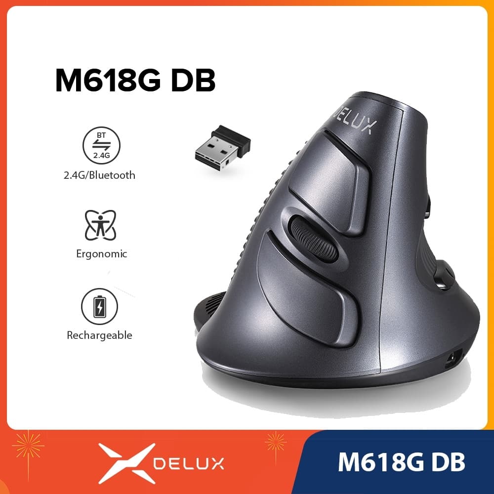 Delux M618G DB Mouse Óptico Ergonômico 4000 DPI Recarregável Sem Fio Com Descanso De Palma Removível Para Computador