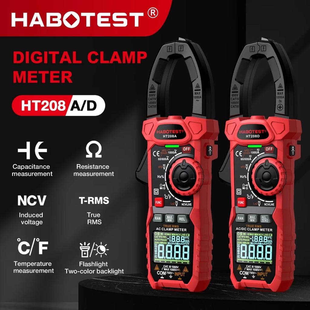 HABOTEST HT208D Alicate Medidor 1000A True RMS Digital Braçadeira Temperatura Ohm Hz Teste