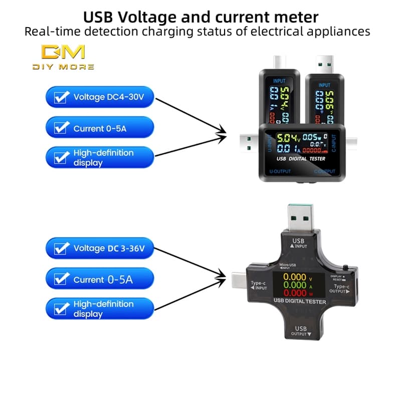 DIYMORE DC 4.5 ~ 36V/4-30V 0.00 5.10A display digital Multifuncional Testador De Tensão E Capacidade De Corrente USB + i