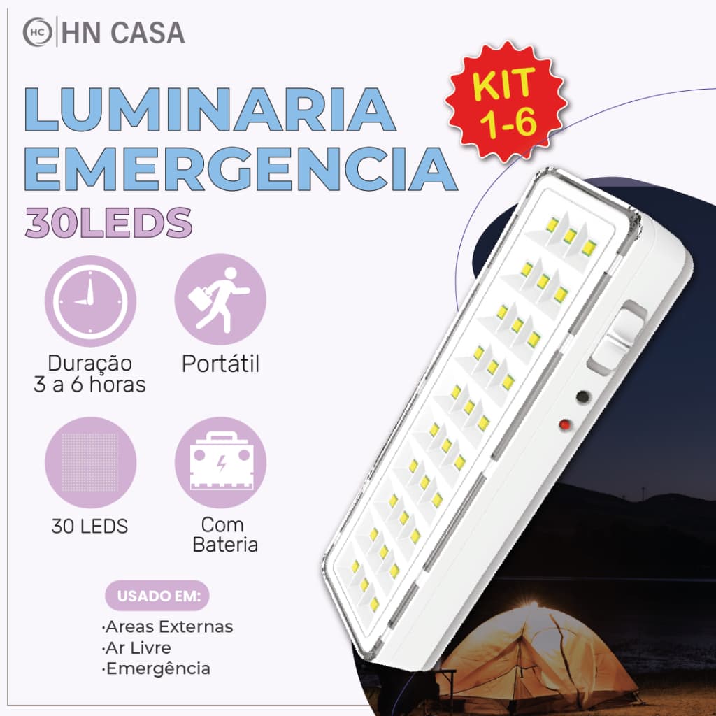 1-5 Luminária Emergência Lâmpada 30 Leds Recarregável Bivolt Luz Branca (Branco Frio 6,500K)