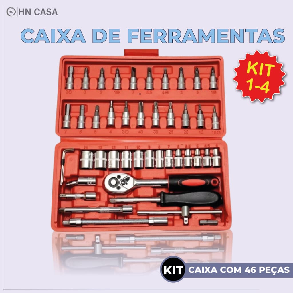 Kit de Ferramentas com 46 Peças + Maleta com Jogo de Soquete Reversível Catraca | Conjunto de Chaves