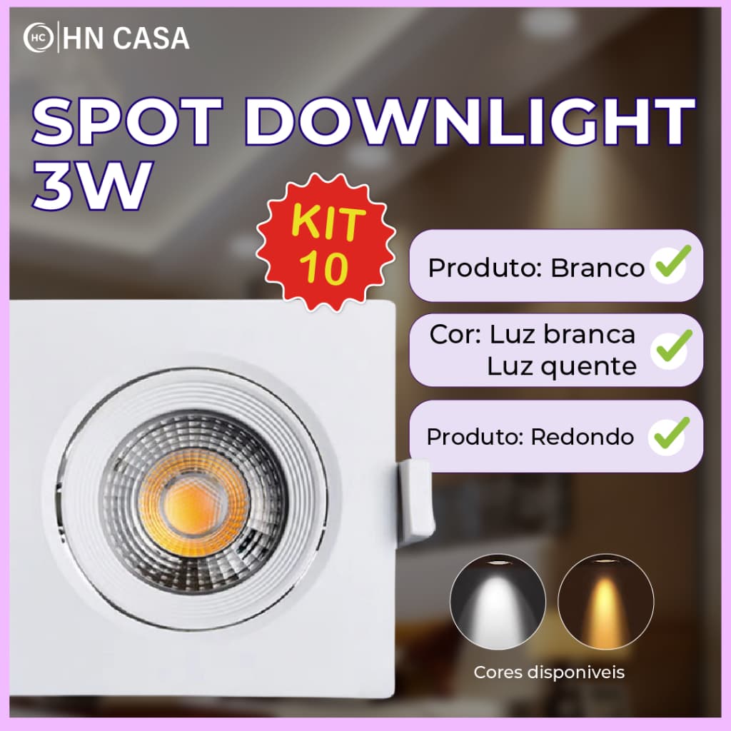 10 Luminária Spot Led Quadrado Direcionável 3W Embutir Gesso Teto | Branco Frio | Branco Quente Bivolt Spot Super LED