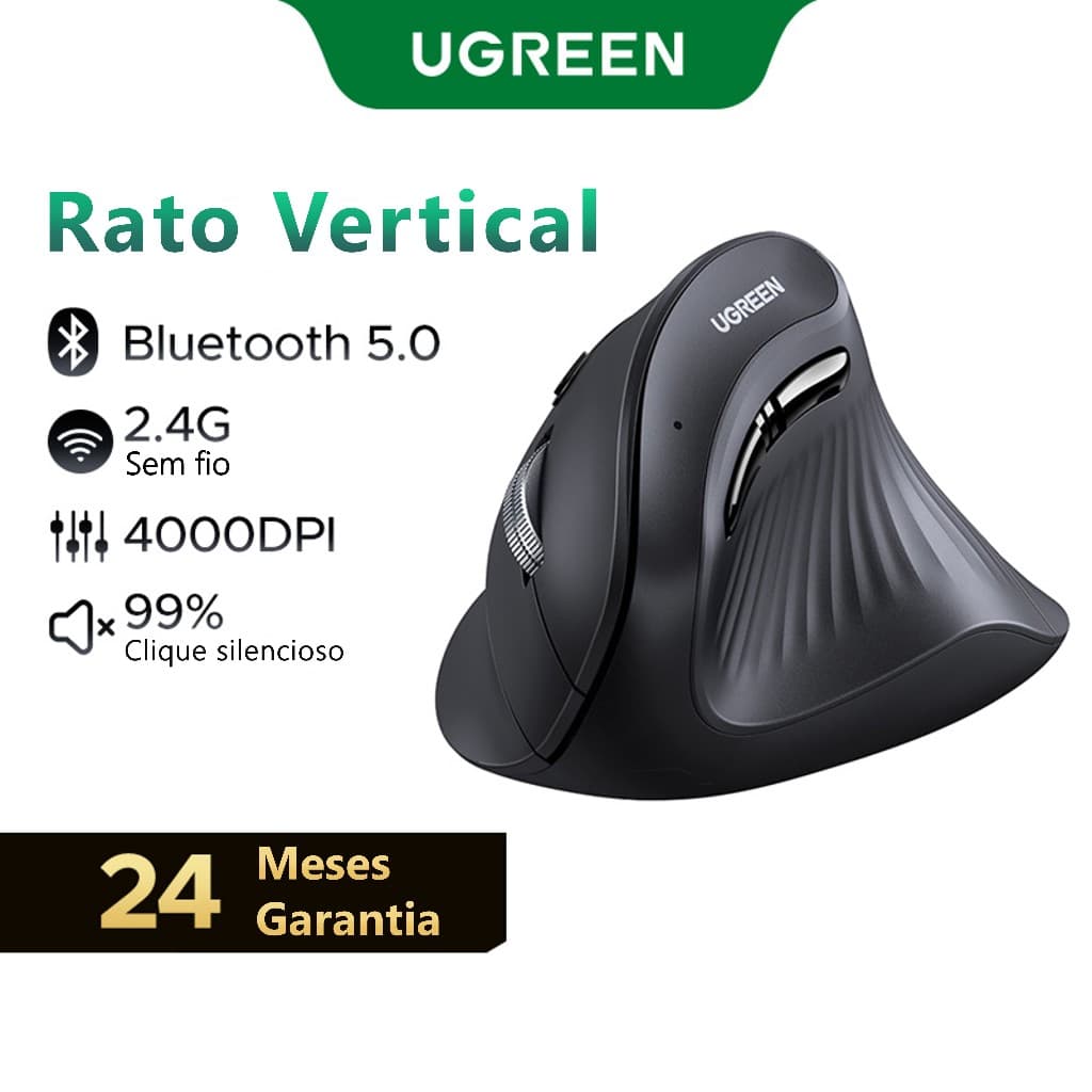Rato Vertical UGREEN Ergonômico 4000DPI Sem Fio Silent Click Mouse Para PC Portátil Windows Mac OS