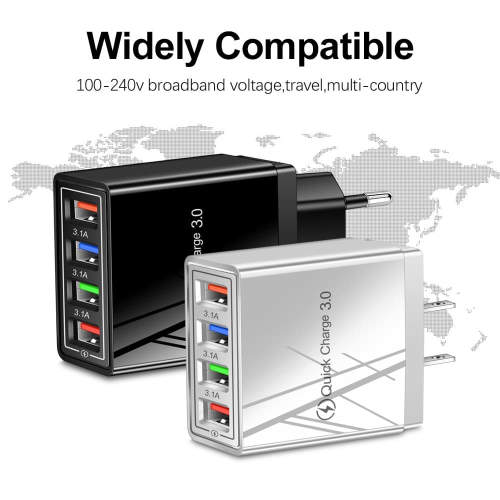 Carregador Turbo QC 3.0 33W + 4 USB Universal Tomada Rápida - Sem impostos, já no Brasil! Com ANATEL