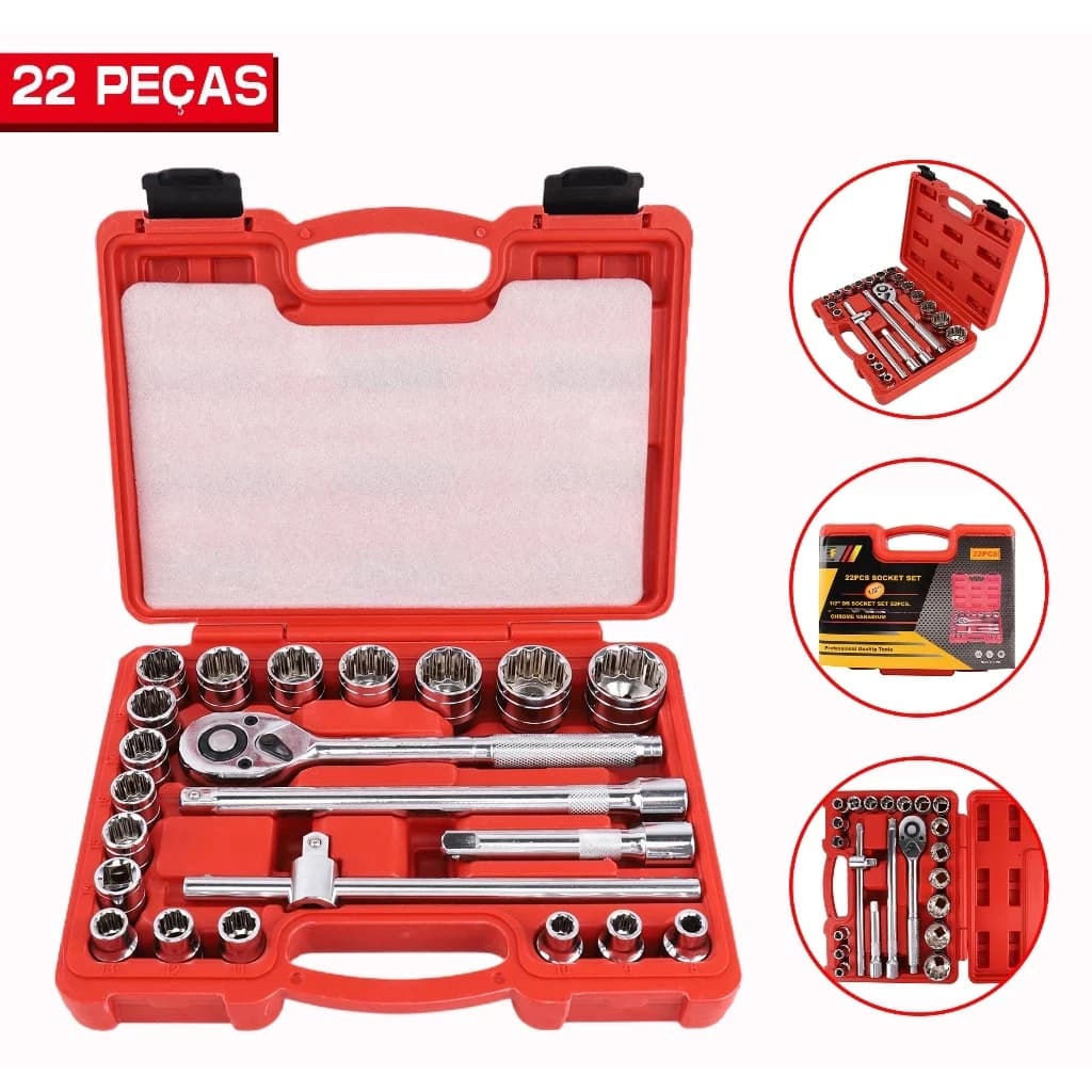 Kit Jogo Ferramentas Soquetes Estriados 22 Pçs Com Chave Catraca Reversível  Cr-V Profissional