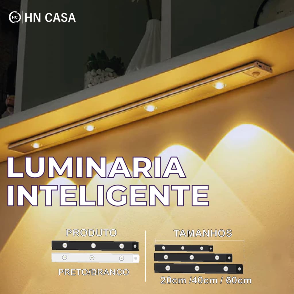 Smart Luminária LED com sensor de movimento, recarregável via USB, fina e com 3 módulos de luz (20/40/60cm)