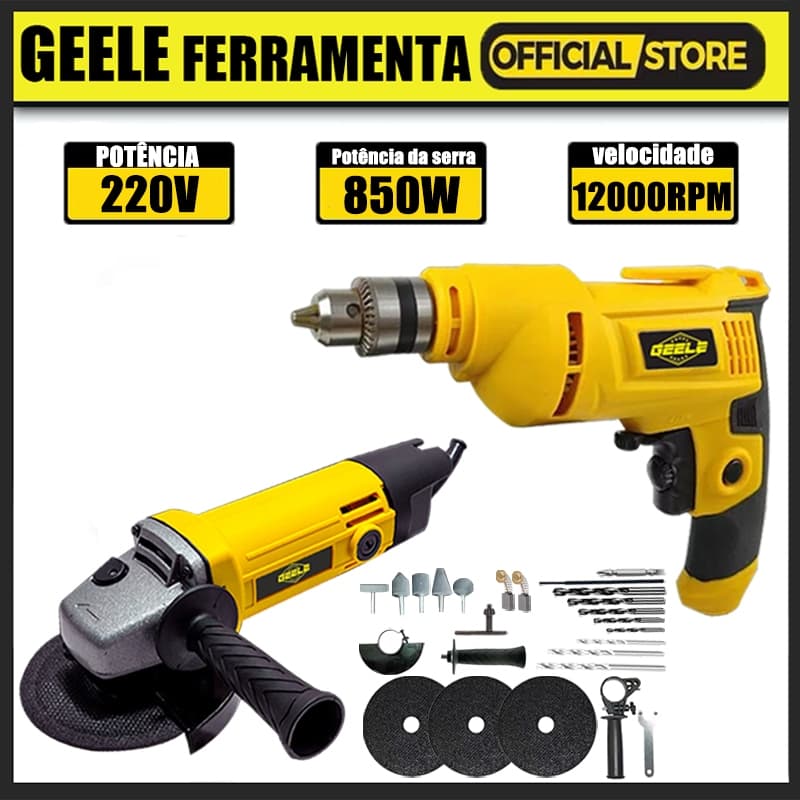 Kit 850w Furadeira de Impacto  e 850w Lixadeira Esmerilhadeira Angular e Maleta de Transporte Com Acessórios
