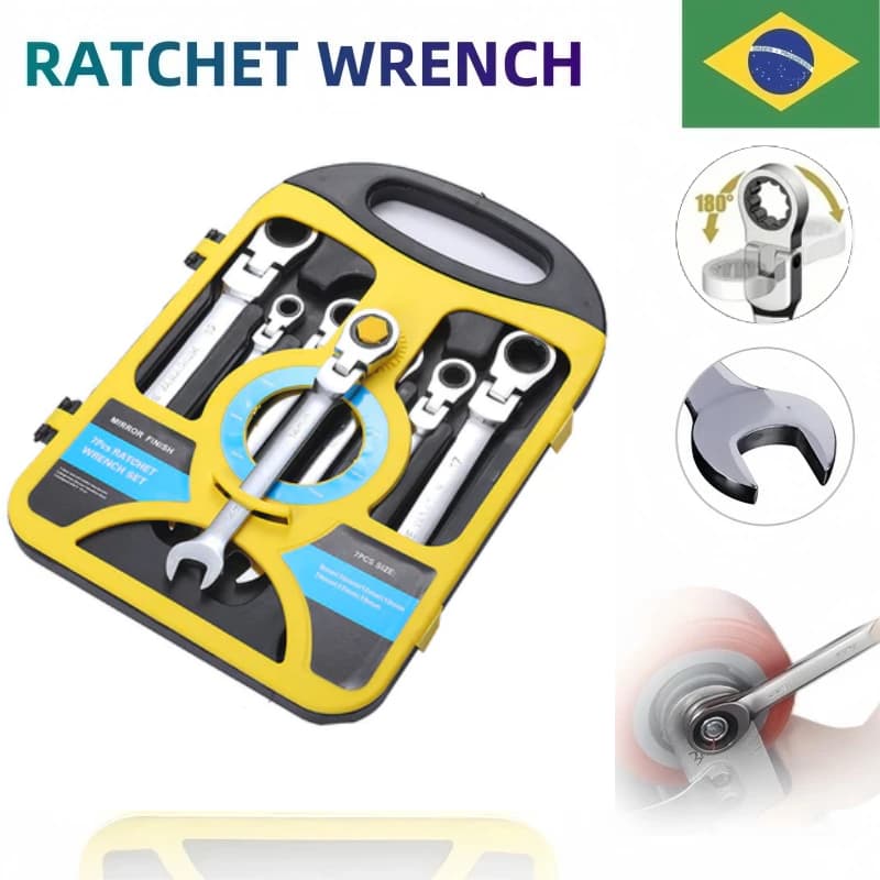 Kit 7 Peças Jogo Chave Ferramenta Combinada Catraca Boca Profissional M8-M19