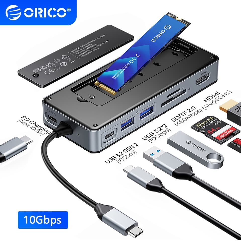 Gabinete SSD ORICO M.2 10Gbps USB C Hub 4K HDMI SD/TF PD 100W Docking Station M2 NVMe Case externo para PC e laptop