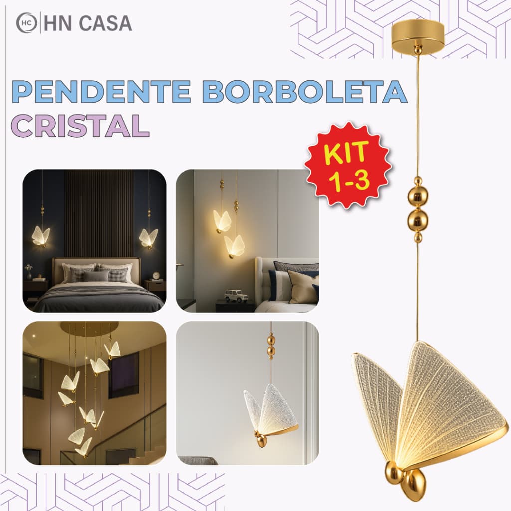 Arandela Luminária Borboleta Dourada LED Decorativa Moderna Cristal Luxo 3 Tons de luz Bivolt