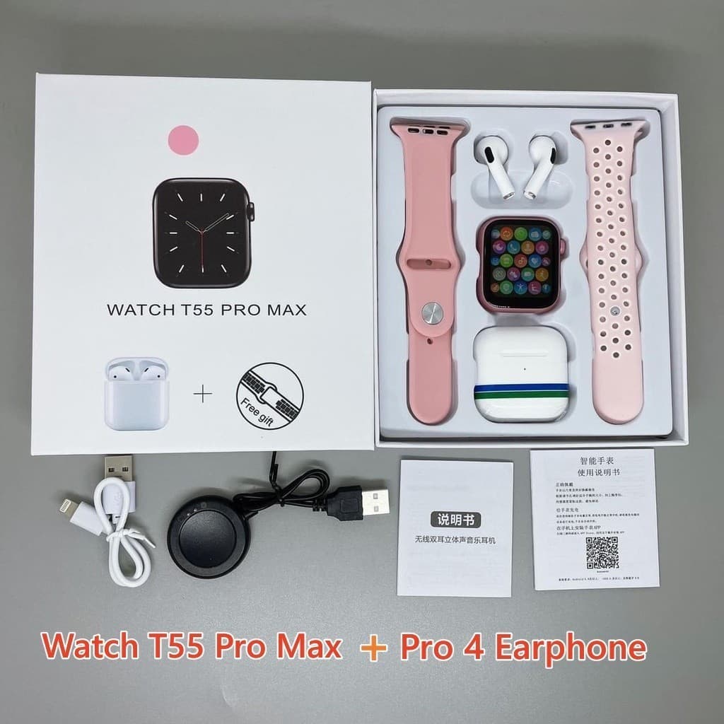 Smartwatch Relógio Inteligente T55 Pro Max Com 1 Fones De Ouvido Conjunto De Venda Quente 2 Alças Chamada Bluetooth Pape