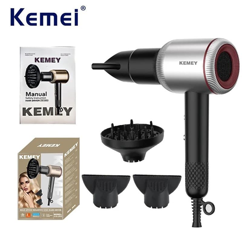 Kemei Profissional Iônico Salão De Beleza Secador De Cabelo Poderoso 1800W Secagem Rápida Baixo Ruído Com 2 Bicos Concen