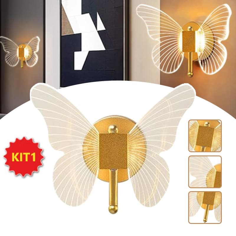 Kit 1 Luminária Arandela Borboleta Dourada LED de Parede 3 Tons de Luz iluminação interna Bivolt