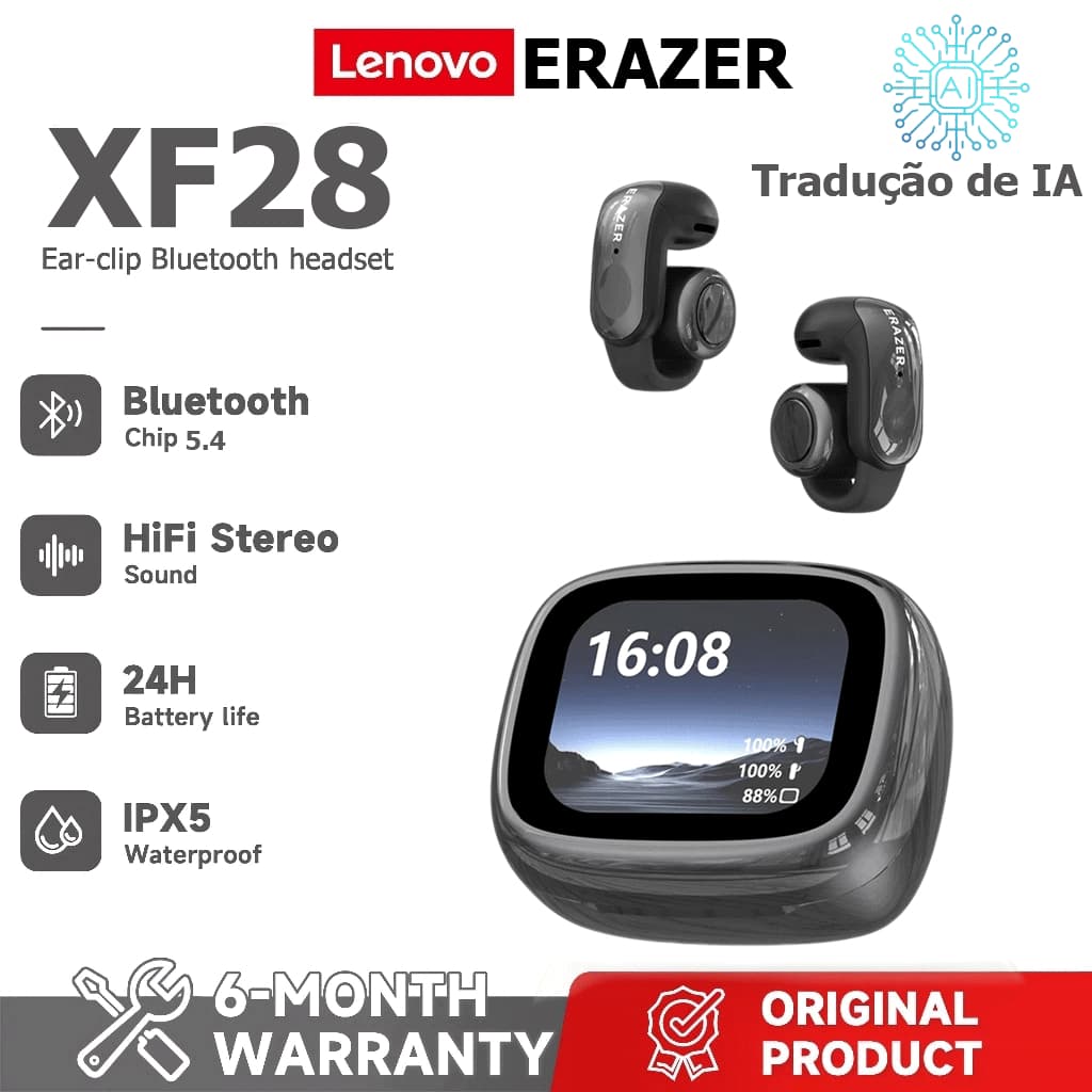 Um ano de Lenovo ERAZER XF28 AI tradução inteligente fone de ouvido bluetooth 6.0 hd Display hd chamada voz ASM