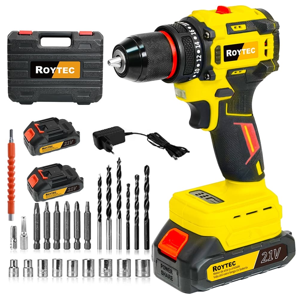 NEW Parafusadeira Furadeira de impacto sem escovas 3/8 21V 2 Baterias Com Maleta e Acessórios Completo Motor Maleta