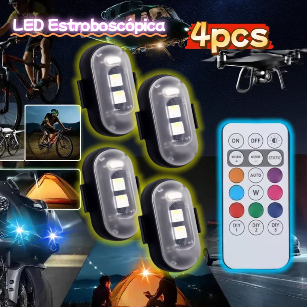 Kit 4Pcs Luz LED Estroboscópica Anti-Colisão 8 Cores com Controle Remoto Sem Fio Recarregável para Motocicleta/ Carro
