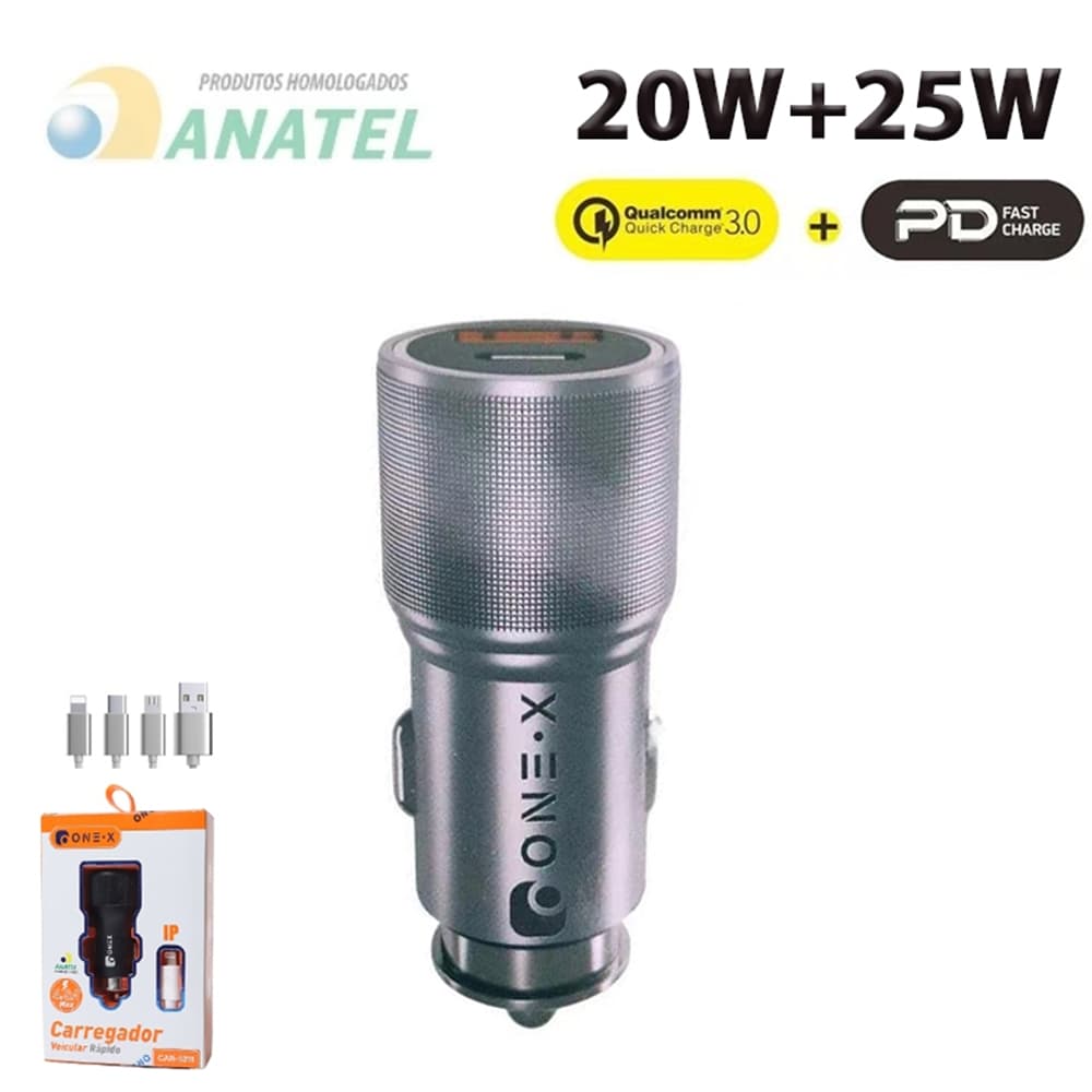 Carregador Veicular ONEX 45W Turbo - Tipo C + USB - Rápido e Seguro p/ Todos Celulares